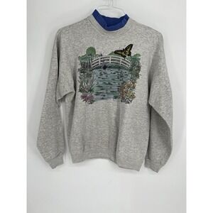 Vintage Morning Sun Mock Neck  Sweatshirt‎ Sz L Pond Scene Florals Butteflies